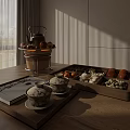 Tea Time Essentials With Teapot Cups Snacks And Book On Wooden Tray Table