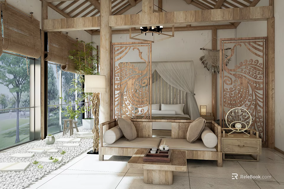 Traditional Wooden Hotel Room With Carved Screen Sofa Bed Large Windows And Green Plants 3d model 