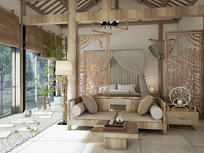 Traditional Wooden Hotel Room With Carved Screen Sofa Bed Large Windows And Green Plants 3d model