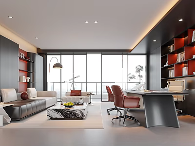 Modern Office Interior Design With Sofa Desk Red Chairs Bookshelves And Large Windows 3d model