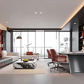 Modern Office Interior Design With Sofa Desk Red Chairs Bookshelves And Large Windows