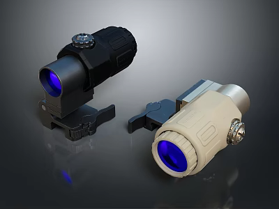 Black And Beige Tactical Optical Devices With Blue Lens And Mounts 3d model