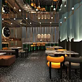 Modern Restaurant Interior With Blue Walls Orange Seats And Marble Tables