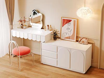Modern White Dressing Table With Mirror Cosmetics Pink Cushion Chair And Drawer Cabinet 3d model