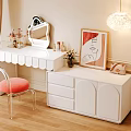 Modern White Dressing Table With Mirror Cosmetics Pink Cushion Chair And Drawer Cabinet