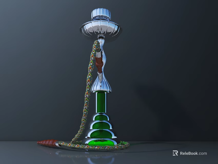 Elegant Metallic Hookah Decorative Ornament Set with Green Base and Colorful Decorative Hose 3d model 
