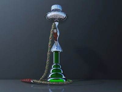 Elegant Metallic Hookah Decorative Ornament Set with Green Base and Colorful Decorative Hose 3d model