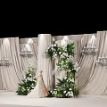Elegant Floral Decoration for Wedding Stage with Bride Beige Curtains and Crystal Chandeliers