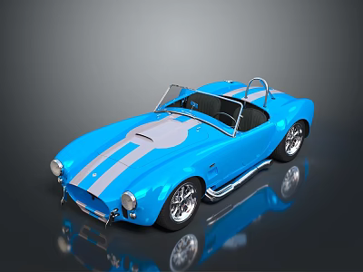 Blue Vintage Convertible Sports Car With Silver Stripes Shiny Body And Chrome Wheels 3d model