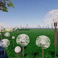 Dandelion Shaped Outdoor Lights with White Glow on Green Grass and Water Reflections at Night