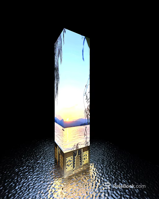 Decorative Pillar Displaying Scenic View Of Sunset Over Lake Surface Distant Mountains And Weeping Willows 3d model 