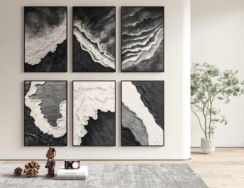 Black And White Abstract Wall Art With Textured Patterns In Modern Interior Decor 3d model