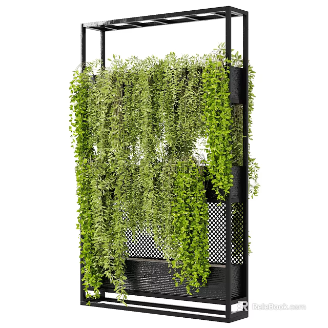 Vertical Garden Decor With Hanging Green Plants And Black Metal Frame 3d model 