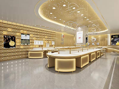 Luxury Jewelry Store Interior With Golden Decor And Curved Display Counters 3d model