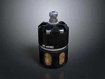 Black Cylindrical Industrial Component With Silver Top Connector And Yellow Transparent Panels Labeled O1aS682 3d model