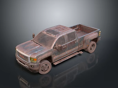 Vintage Metallic Pickup Truck with Double Cab Open Bed and Rustic Reflective Surface 3d model
