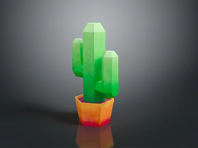 Low Poly Green Cactus In Orange Red Pot On Dark Background Natural Scene 3d model