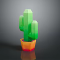 Low Poly Green Cactus In Orange Red Pot On Dark Background Natural Scene