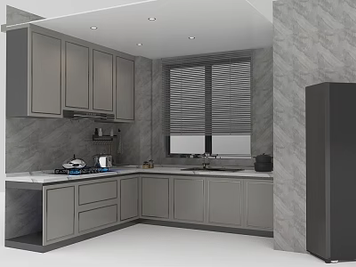 Modern Kitchen Interior With Gray Cabinets Marble Wall Black Refrigerator And Blind Window 3d model