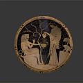 Round Ancient Greek Ceramic Plate Featuring Intricate Figure Carving And Decorative Patterns