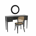 Stylish Black Desk with Drawers Gold Knobs Wicker Chair and Round Mirror Interior 3d model