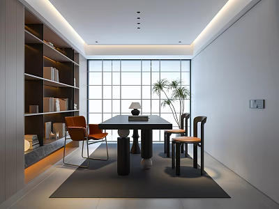 Modern Study Room Interior Design With Bookshelves Large Windows Table Chairs And Potted Plant 3d model
