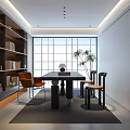 Modern Study Room Interior Design With Bookshelves Large Windows Table Chairs And Potted Plant
