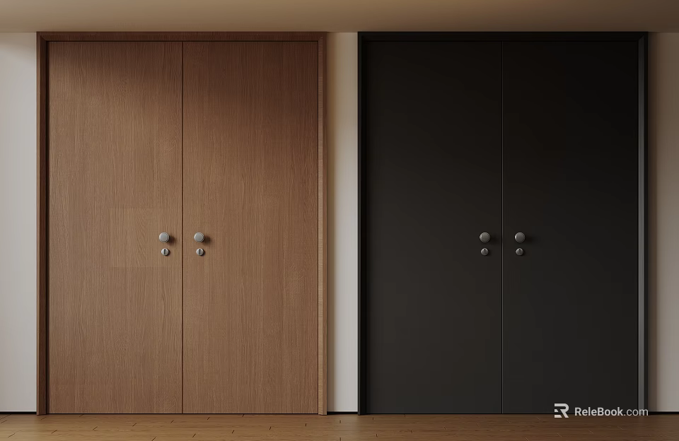 Modern Interior Design Featuring Light Brown and Black Wooden Double Doors 3d model 