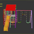 Colorful Playground Structure With Red Roof Yellow Slide And Blue Swing Set