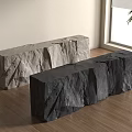 Gray And Black Stone Reception Desks On Wooden Floor With Window And Plant