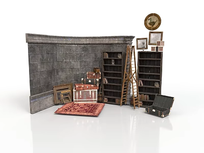 Vintage Furniture Display With Bookshelves Ladder Cabinet Rug Trunk Clock And Decorative Frames 3d model