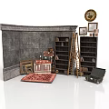Vintage Furniture Display With Bookshelves Ladder Cabinet Rug Trunk Clock And Decorative Frames