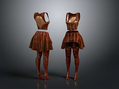 Brown Fashion Outfit Design With Sleeveless Top Short Skirt And Long Boots 3d model