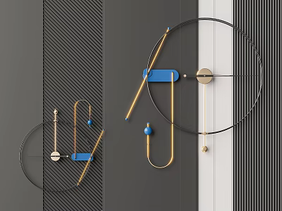 Modern Geometric Metal Wall Decor With Blue Gold Lines And Circles 3d model