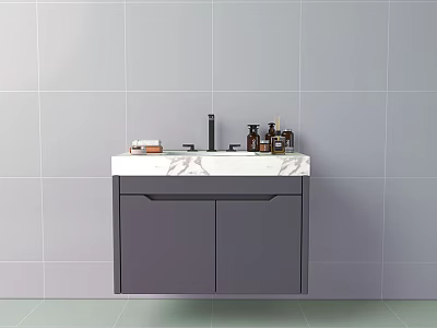 Gray Bathroom Cabinet With Marble Countertop Faucet And Toiletries On Tile Wall 3d model