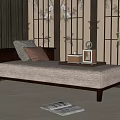 Elegant Chinese Style Daybed With Beige Cushion Brown Pillow And Wooden Lattice Screen