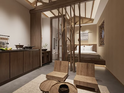Hotel Guest Room Interior With Wooden Screen Seating Area And Bed Furniture 3d model