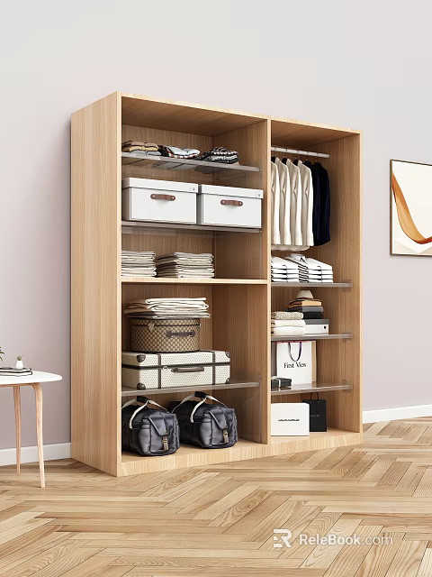 Wooden Wardrobe with Storage Shelves Drawers Folded Clothes Hanging Garments and Bags 3d model 