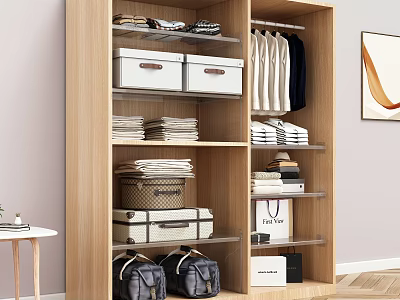 Wooden Wardrobe with Storage Shelves Drawers Folded Clothes Hanging Garments and Bags 3d model