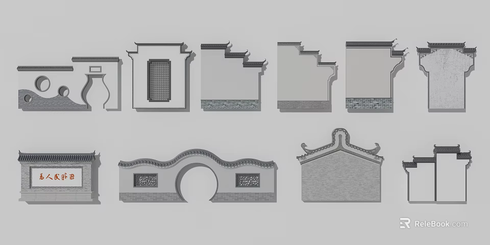 Traditional Chinese Building Exterior Wall With Tile Roof Eaves Arch Gate And Carved Windows 3d model 