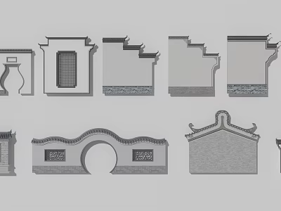 Traditional Chinese Building Exterior Wall With Tile Roof Eaves Arch Gate And Carved Windows 3d model