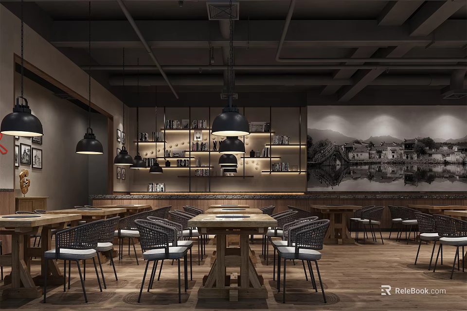 Warm Restaurant Interior With Wooden Tables Chairs Pendant Lights And Decorative Shelves 3d model 
