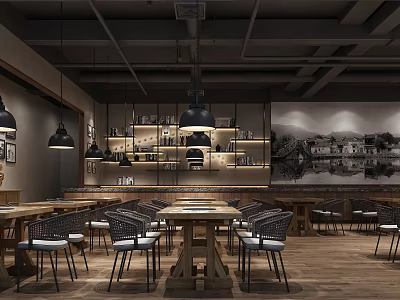 Warm Restaurant Interior With Wooden Tables Chairs Pendant Lights And Decorative Shelves 3d model