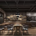 Warm Restaurant Interior With Wooden Tables Chairs Pendant Lights And Decorative Shelves