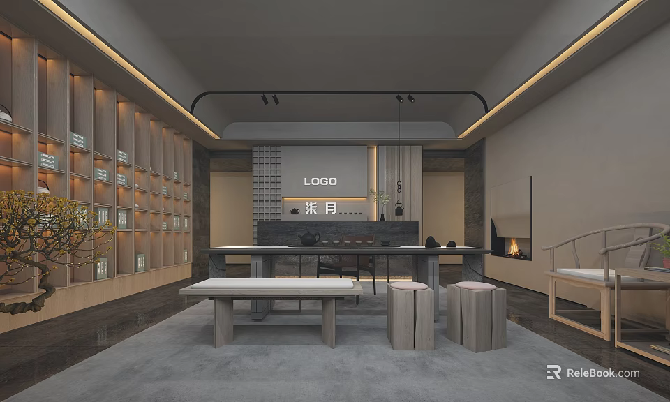 Modern Tea Room Interior Design With Display Shelves Long Table And Stools 3d model 