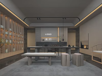 Modern Tea Room Interior Design With Display Shelves Long Table And Stools 3d model