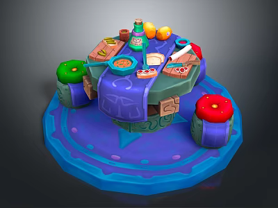 Unique Designed Dining Table With Colorful Green Red Fruits Decor And Blue Base 3d model