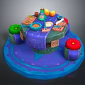 Unique Designed Dining Table With Colorful Green Red Fruits Decor And Blue Base