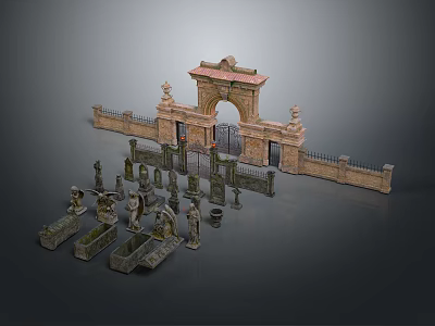 Ornate Traditional Stone Architectural Components With Archway Fence Columns And Sculptures 3d model