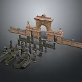 Ornate Traditional Stone Architectural Components With Archway Fence Columns And Sculptures
